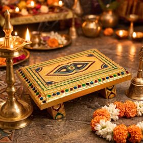 Gold Meenakari Wooden Leg Pooja Chowki Rectangular 6x4