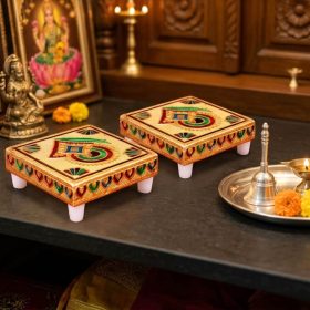 Gold Meenakari Wooden Pooja Chowki 3x3