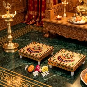 Gold Meenakari Wooden Pooja Chowki 4x4