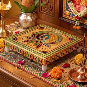 Gold Meenakari Wooden Pooja Chowki 6x6