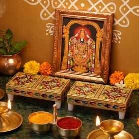 Gold Meenakari Wooden Pooja Chowki Rectangular 4X2