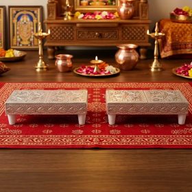 Meenakari Silver Wooden Chaurang For Pooja Rectangular 4X2