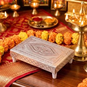 Silver Aluminium Foil Covered Meenakari Chowki Rectangular 5X3