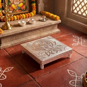 Silver Meenakari Wooden Pooja Chowki 5x5
