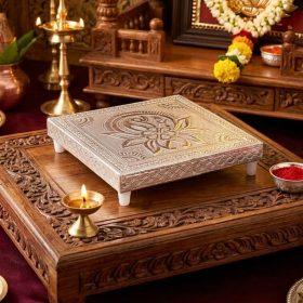 Silver Meenakari Wooden Pooja Chowki 6x6